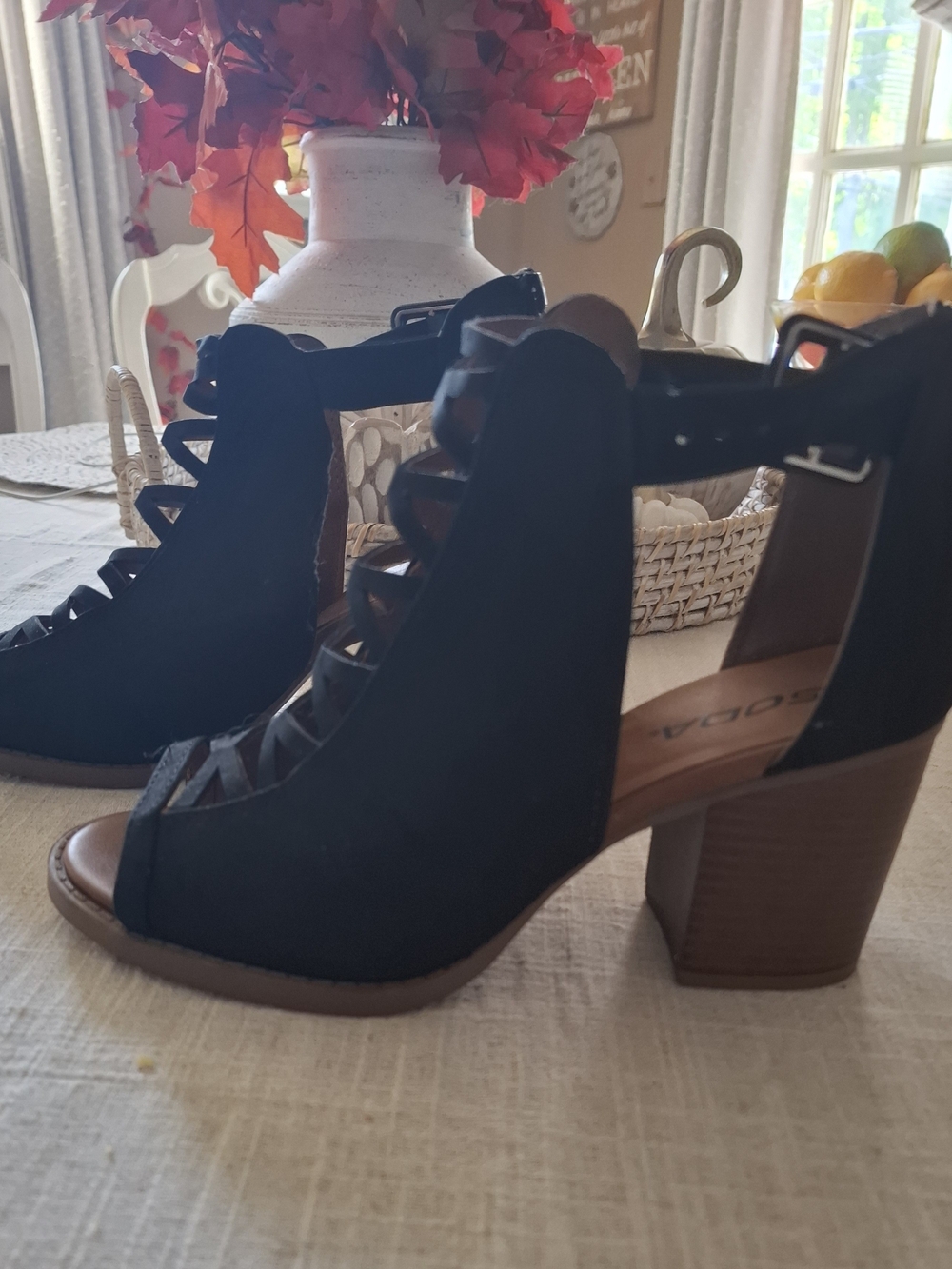 Black Lace-Up Cut Out Peep Toe Block Heel Booties Size 9